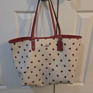 Coach NY Reversable City Tote with Red Ladybug Print and Red Trim, 12"×18"